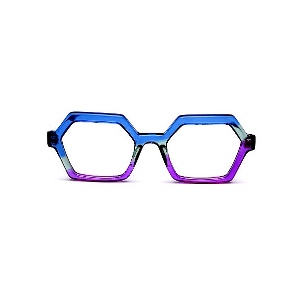 Óculos de Grau Gustavo Eyewear G123 1 nas cores azul, acqua e violeta, hastes azuis.