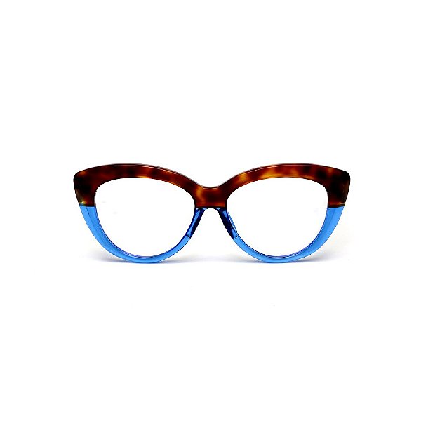 Óculos de Grau G107 5 em animal print e azul, com as hastes azuis. Clássico