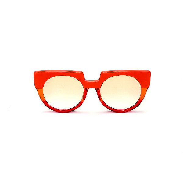 Óculos de Sol Gustavo Eyewear G135 2 nas cores laranja e vermelho, hastes animal print. Lentes claras.