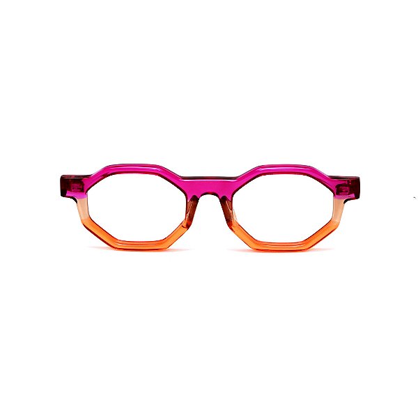 Óculos de Grau Gustavo Eyewear G136 5 nas cores violeta, âmbar e laranja translúcido, hastes violeta.