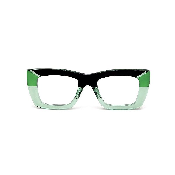 Óculos de Grau Gustavo Eyewear G79 3 nas cores acqua translúcido, preto e verde citrus, hastes pretas.