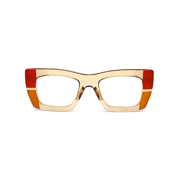 Óculos de Grau Gustavo Eyewear G79 5 nas cores âmbar translúcido, vermelho e laranja citrus com as hastes marrom.
