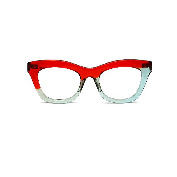 Óculos de Grau Gustavo Eyewear G69 11 nas cores vermelho e acqua translúcido com as hastes vermelhas.
