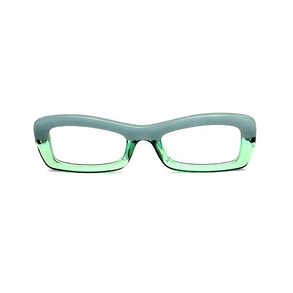 Óculos de Grau Gustavo Eyewear G34 3 mas cores fumê e acqua, com as hastes pretas.