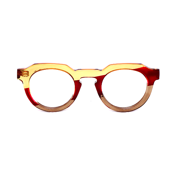 Óculos de Grau G66 4 nas cores âmbar, vermelho e fumê com as hastes vermelhas. Modelo unisex