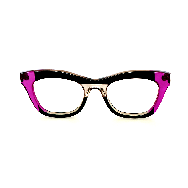 Óculos de Grau Gustavo Eyewear G69 9 nas cores preta, fumê e violeta, hastes violeta.