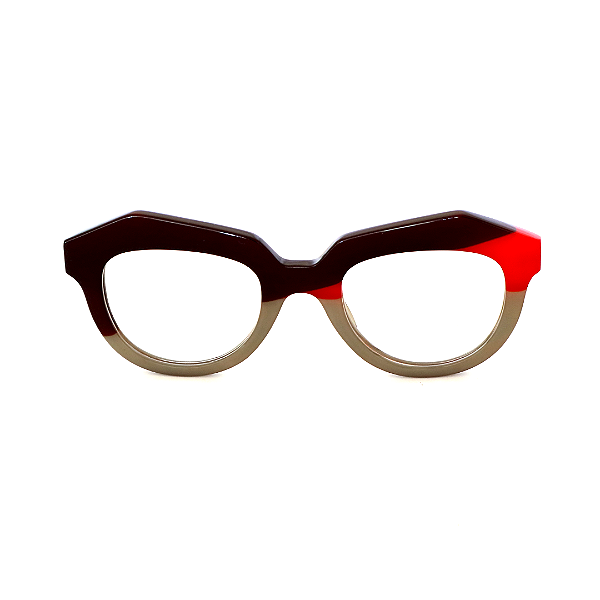 Óculos de Grau Gustavo Eyewear G37 6 nas cores marrom, cinza e vermelho, com as hastes marrom. Origem.