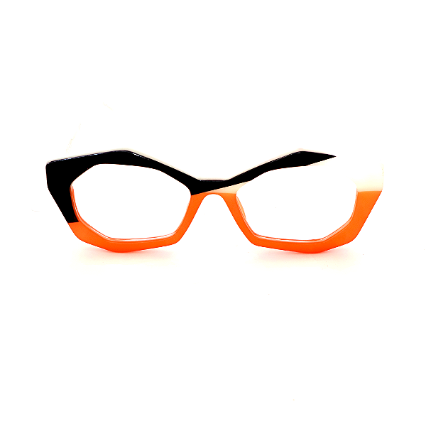 Óculos de Grau Gustavo Eyewear G53 10 nas cores preta, laranja e branco, com as hastes brancas. Origem