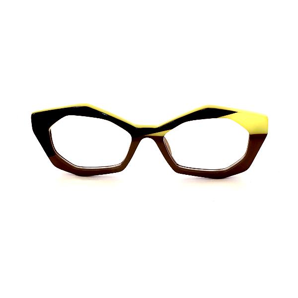 Óculos de Grau Gustavo Eyewear G53 9 nas cores preto, marrom e amarelo, com as hastes pretas. Origem