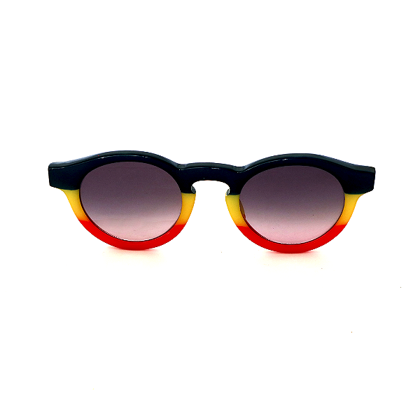 Óculos de Sol Gustavo Eyewear G29 2 nas cores azul, amarelo e vermelho, com as hastes Animal Print e lentes cinza degradê. Origem