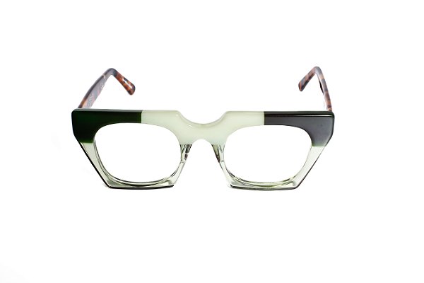 Óculos de Grau G160 1 em tons de verde na chapa branca e translúcido, com as hastes Animal Print.