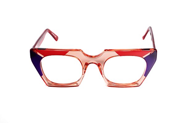 Óculos de Grau G160 3 em tons de vermelho e violeta, com as hastes vermelhas.