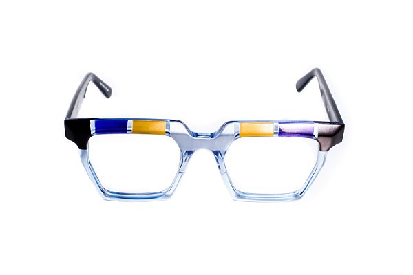Óculos de Grau G159 1 em tons de azul, películas douradas e prateadas e preto, com as hastes pretas.