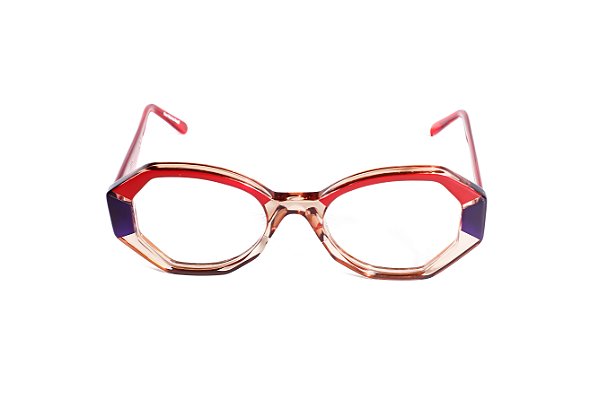 Óculos de Grau G157 8 na cor âmbar e películas vermelha e azul, com as hastes vermelhas.