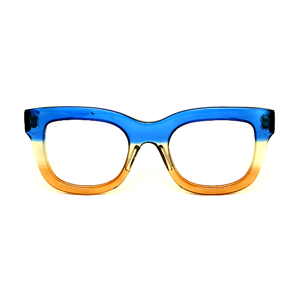 Óculos de Grau Gustavo Eyewear G57 5 nas cores azul, âmbar e caramelo, com as hastes azuis.