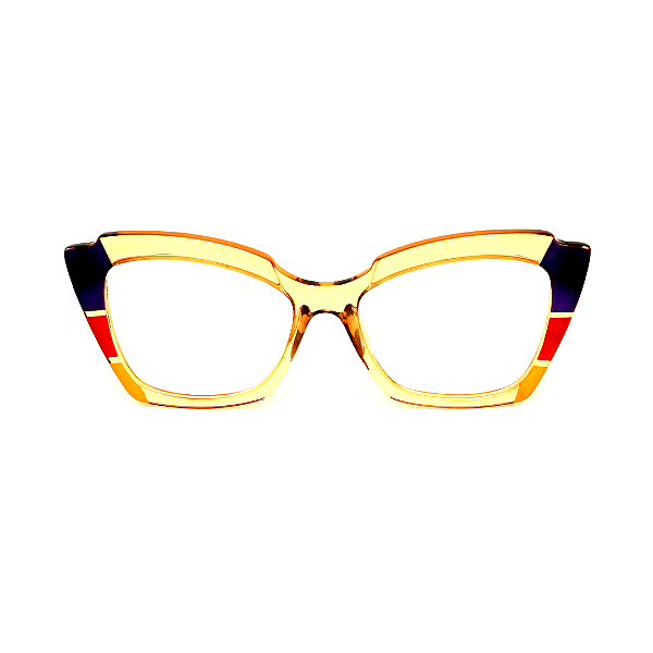 Óculos de Grau Gustavo Eyewear G111 7 na cor laranja com lisras azuis, vermelhas e douradas, com as hastes lilás.