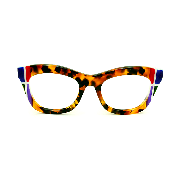 Óculos de Grau Gustavo Eyewear G69 5 em Animal Print, azul e vermelho. Hastes azuis.