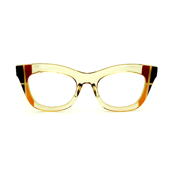 Óculos de Grau Gustavo Eyewear G69 16 nas âmbar, preto, azul e vermelho. Hastes pretas.