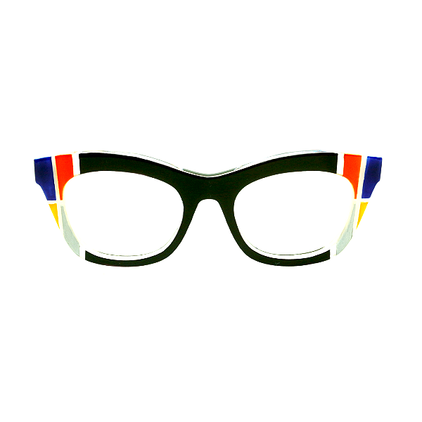 Óculos de Grau Gustavo Eyewear G69 17 nas cores preta, azul, prata, vermelho e amarelo. Hastes azuis.