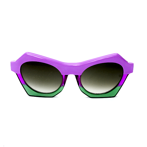 Óculos de Sol Gustavo Eyewear G138 2 em violeta e verde, hastes pretas e lentes cinza.