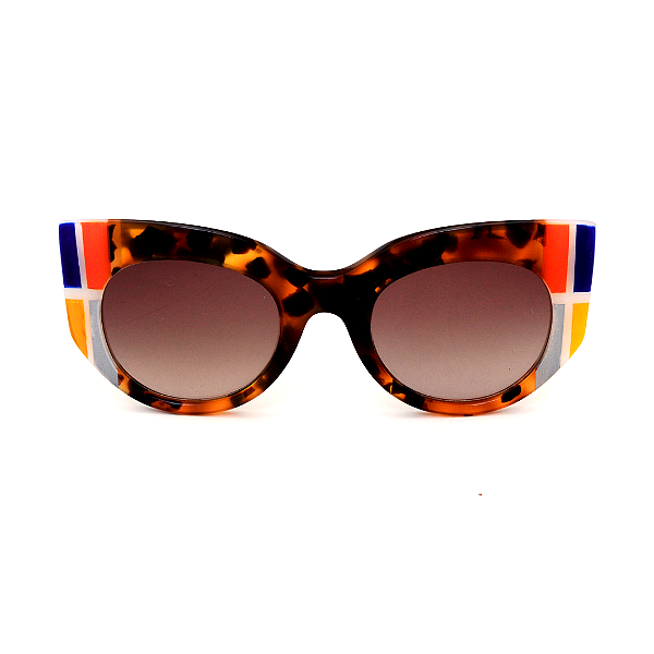 Óculos de Sol Gustavo Eyewear G13 5 em Animal Print, laranja, azul, amarelo e prata, hastes azuis e lentes marrom. Art Deco