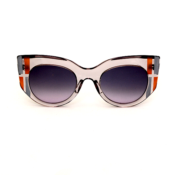 Óculos de Sol Gustavo Eyewear G13 7 em Fumê, prata e dourado, hastes fumê e lentes cinza. Art Deco