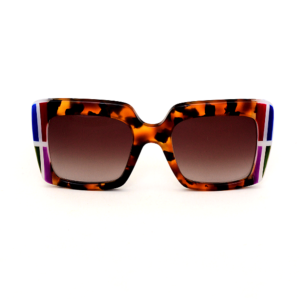 Óculos de Sol Gustavo Eyewear G59 5 em Animal Print, azul, violeta, vermelho e verde, hastes azuis e lentes cinza. Art Deco