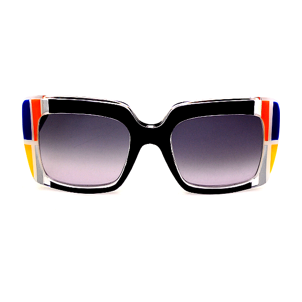 Óculos de Sol Gustavo Eyewear G59 6 em preto, azul, laranja, amarelo e prata, hastes pretas e lentes cinza. Art Deco