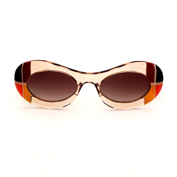 Óculos de sol Gustavo Eyewear G89 1 em âmbar, marrom, laranja, verde e amarelo, hastes pretas e lentes marrom. Art Deco