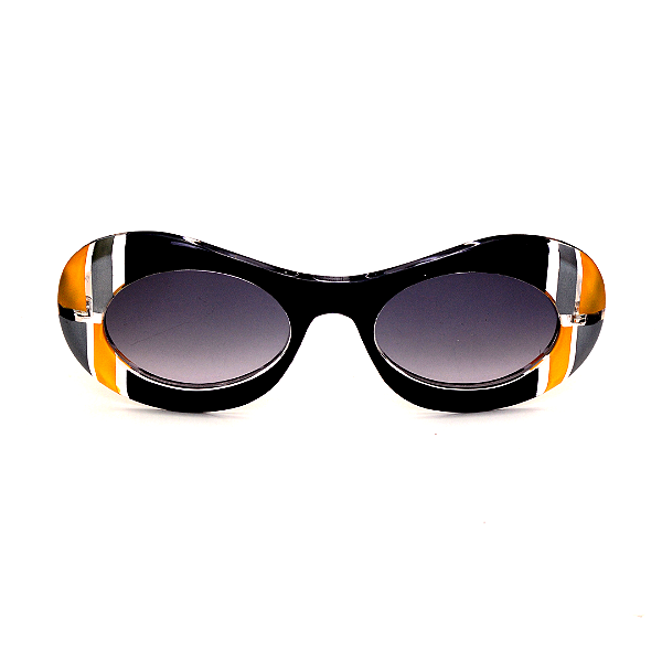 Óculos de sol Gustavo Eyewear G89 4 em preto, prata e dourado, hastes douradas e lentes cinza. Art Deco