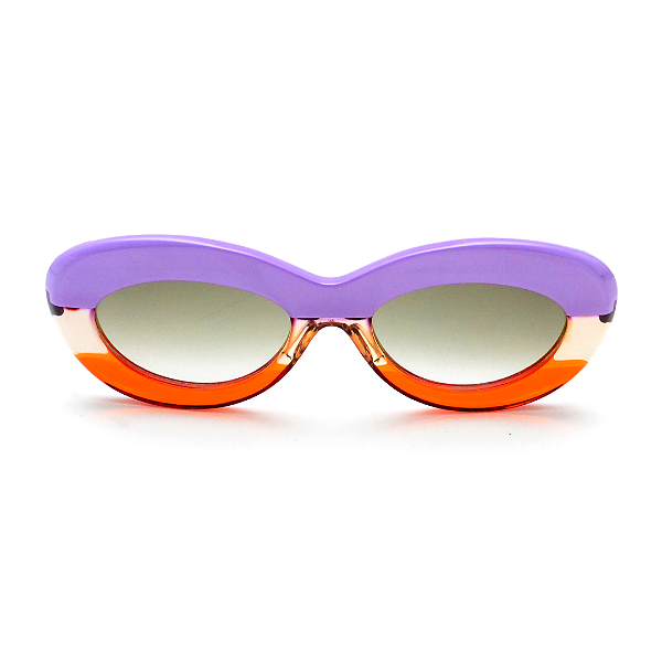 Óculos de Sol Gustavo Eyewear G36 1 nas cores violeta, âmbar e laranja. Hastes violeta e lentes marrom degrade. Tricolors