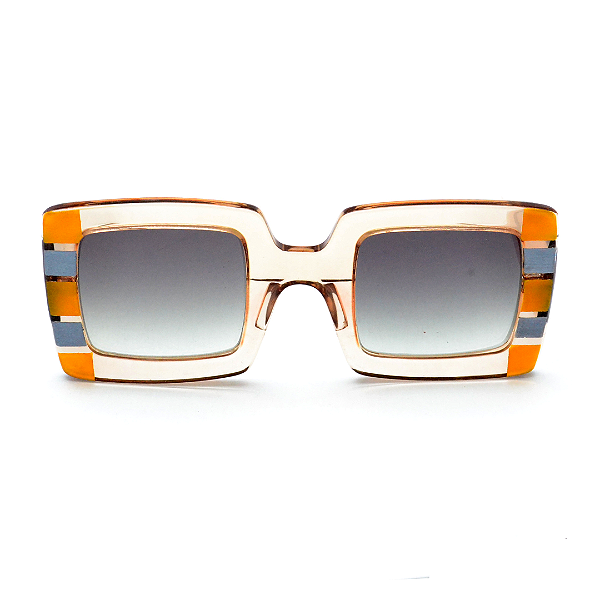 Óculos de Sol Gustavo Eyewear G01 2 âmbar com listras prata e dourado, lentes cinza degrade. Novidades