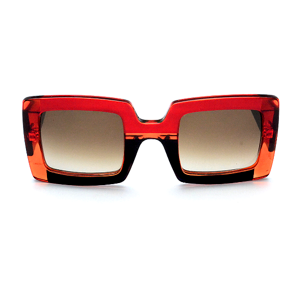 Óculos de Sol Gustavo Eyewear G01 3 em vermelho, laranja e preto. Hastes pretas e lentes cinza degrade. Novidades