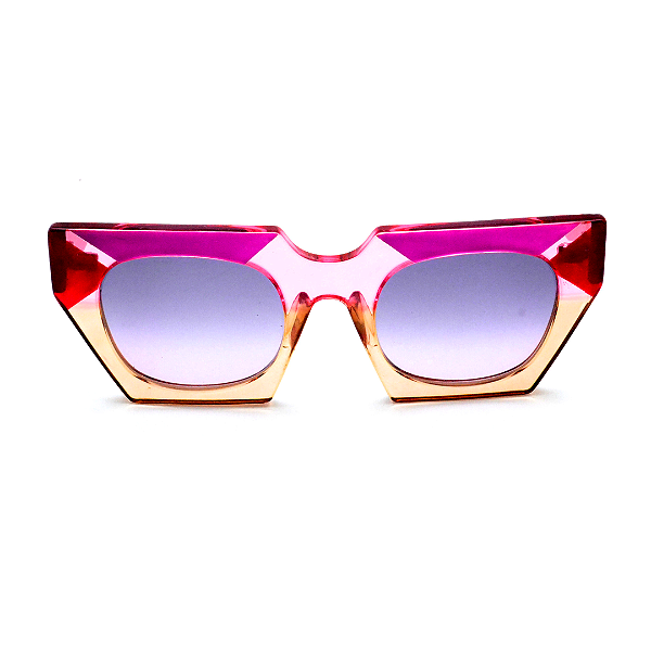 Óculos de Sol Gustavo Eyewear G137 4 em âmbar, violeta e vermelho. Hastes vermelhas e lentes cinza degrade. Novidades