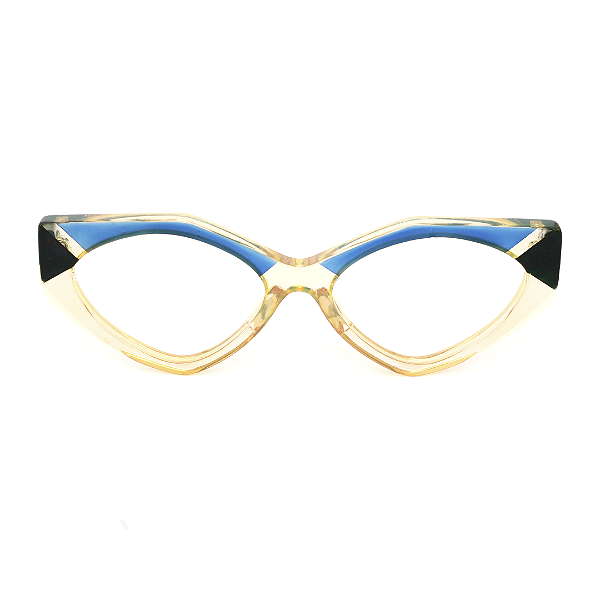 Óculos de Grau Gustavo Eyewear G161 1 nas cores âmbar, azul e verde. Hastes verdes. Geométricos