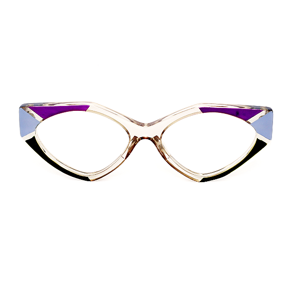 Óculos de Grau Gustavo Eyewear G161 3 nas cores âmbar, violeta, preto e prata. Hastes âmbar. Geométricos