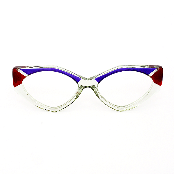 Óculos de Grau Gustavo Eyewear G161 4 nas cores cristal, vermelho e azul. Hastes vermelhas. Geométricos