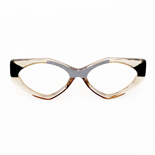 Óculos de Grau Gustavo Eyewear G161 5 nas âmbar, prata e preto. Hastes pretas. Geométricos