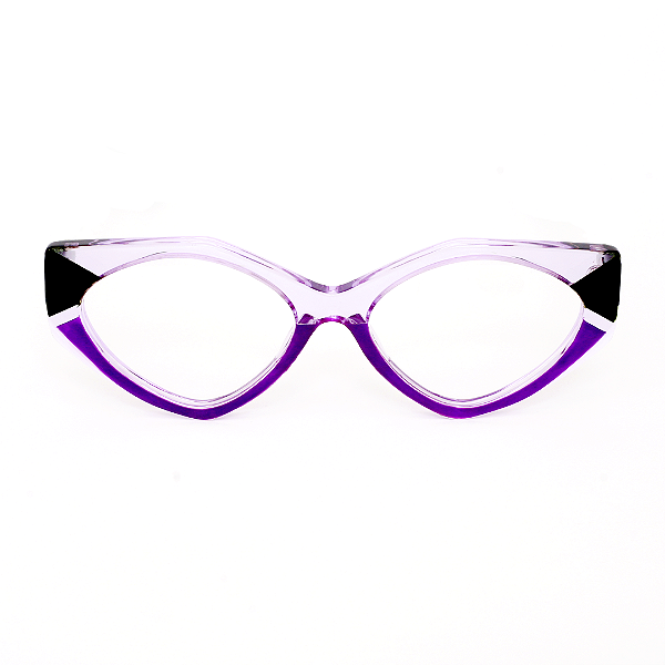 Óculos de Grau Gustavo Eyewear G161 6 em lilás, roxo e preto. Hastes verdes. Geométricos