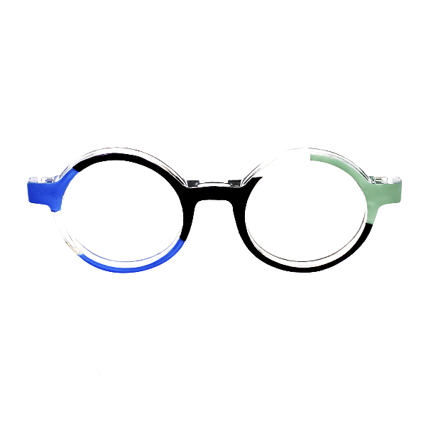 Óculos de Grau Gustavo Eyewear G162 3 em azul, preto e verde. Hastes pretas. Com fios de nylon. Redondos