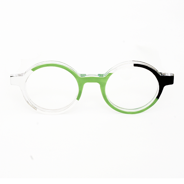Óculos de Grau Gustavo Eyewear G163 2 em cristal, verde e preto. Hastes verdes. Redondos