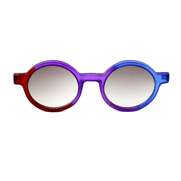 Óculos de Sol Gustavo Eyewear G163 2 em vermelho, violeta e azul. Hastes violeta e lentes cinza. Redondos