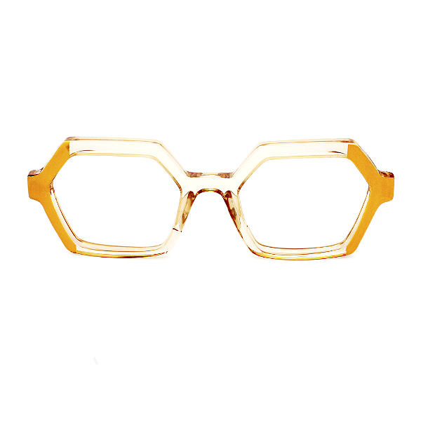 Óculos de Grau Gustavo Eyewear G123 2 em âmbar e dourado. Hastes marrom