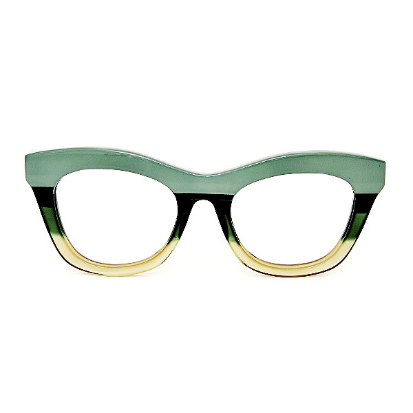 Óculos de Grau Gustavo Eyewear G69 4 em tons de verde e acqua. Hastes pretas.