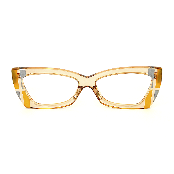 Óculos de Grau Gustavo Eyewear G81 3 Âmbar com listras prata e dourado. Hastes âmbar. Art Deco