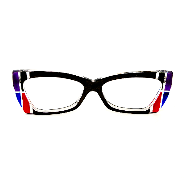 Óculos de Grau Gustavp Eyewear G81 7 Preto com listras vermelhas, azuis e violeta. Hastes pretas.