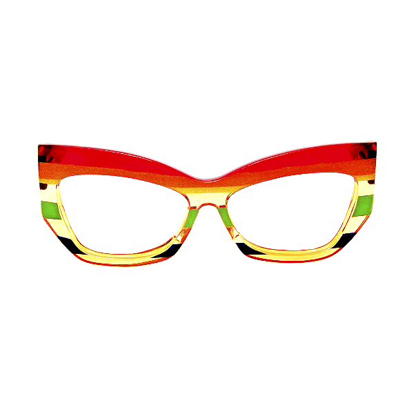 Óculos de Grau Gustavo Eyewear G168 5 Vermelho, laranja, amarelo, âmbar, verde e preto. Hastes pretas. Murano.