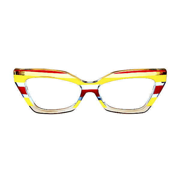 Óculos de Grau Gustavo Eyewear G167 5 Laranja, âmbar, azul, vermelho, acqua e fumê. Hastes amarelas. Murano