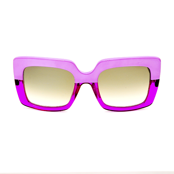 Óculos de Sol Gustavo Eyewear G59 2 rosa e violeta, hastes pretas e lentes marrom degrade.