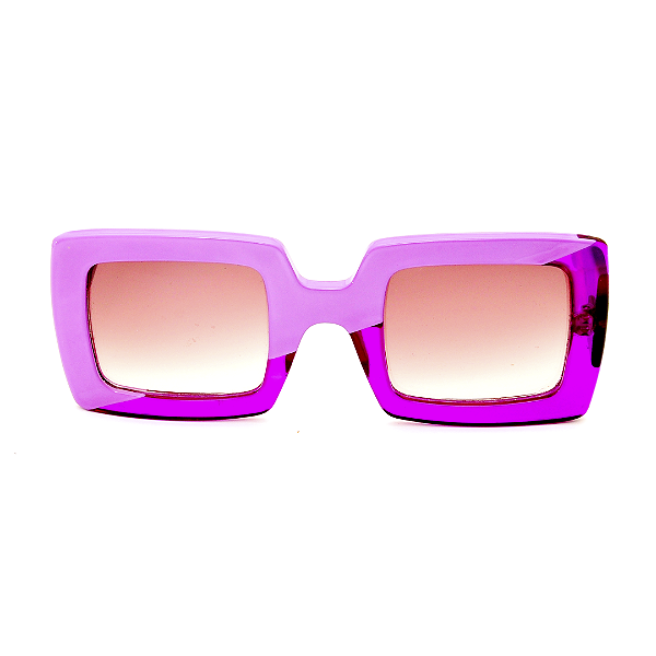 Óculos de Sol Gustavo Eyewear G01 5 rosa e violeta, hastes Animal Print e lentes marrom degrade.